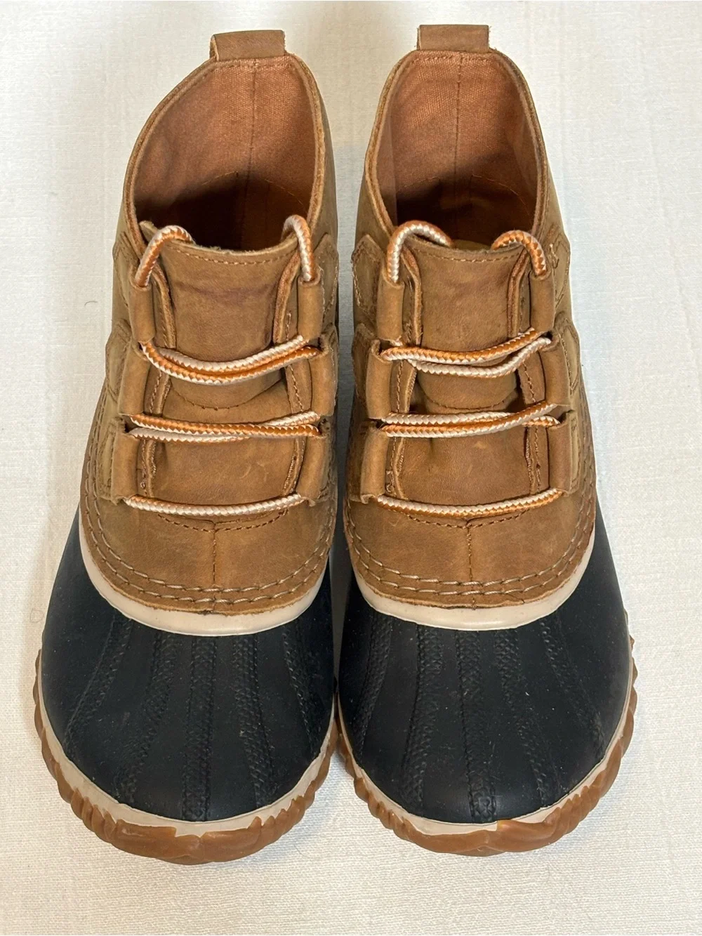Sorel Out 'N About Rubber Leather Duck Ankle Rain Boots-Black/Tan-Women Size 6.5